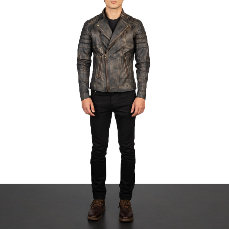 Mens Faisor Distressed Brown Leather Biker Jacket Full Length-2-1634129301421